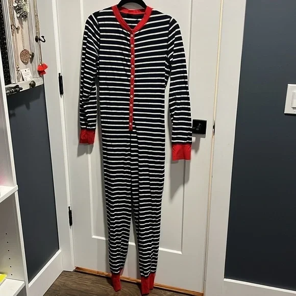 J Crew Unionsuit Onesie Pajamas Navy Stripe Red Jersey Cotton Loungewear EUC - Picture 3 of 10